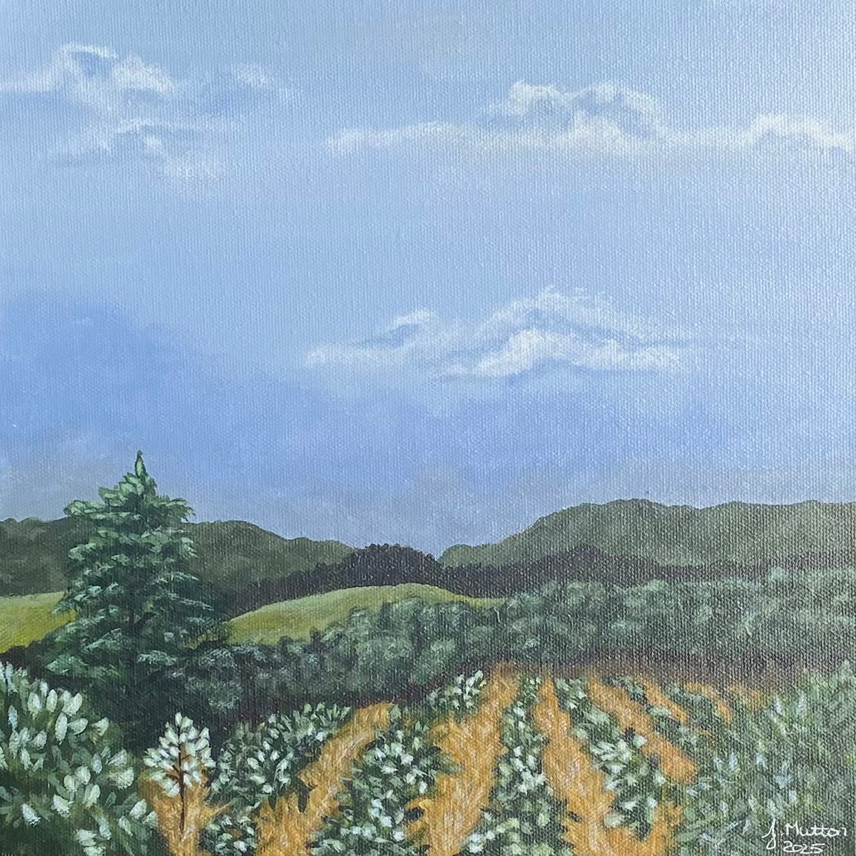 A landscape painting of rolling green hills, a tall evergreen tree, and rows of white flowering plants in the foreground under a blue sky with soft white clouds.