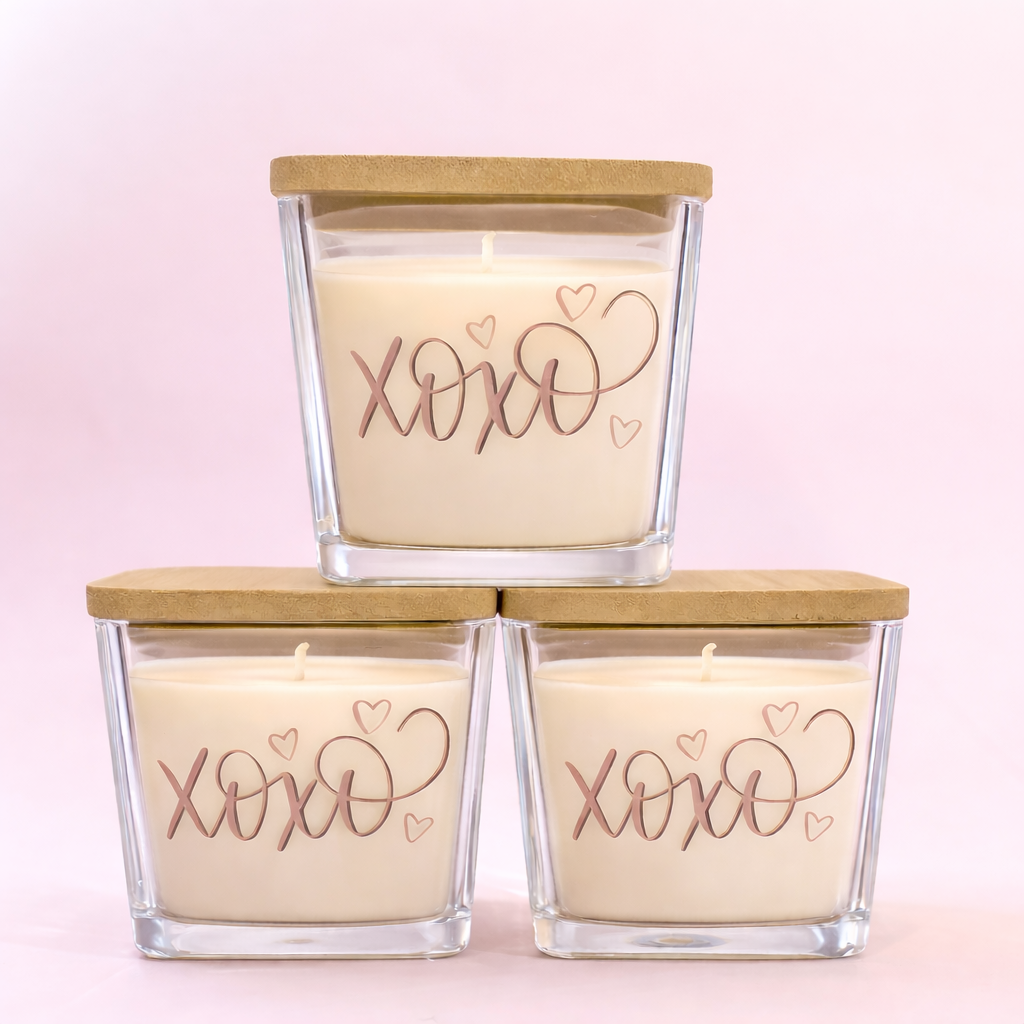 Natural Soy Wax Candle 9oz Customizable with XOXO design in elegant glass vessels.