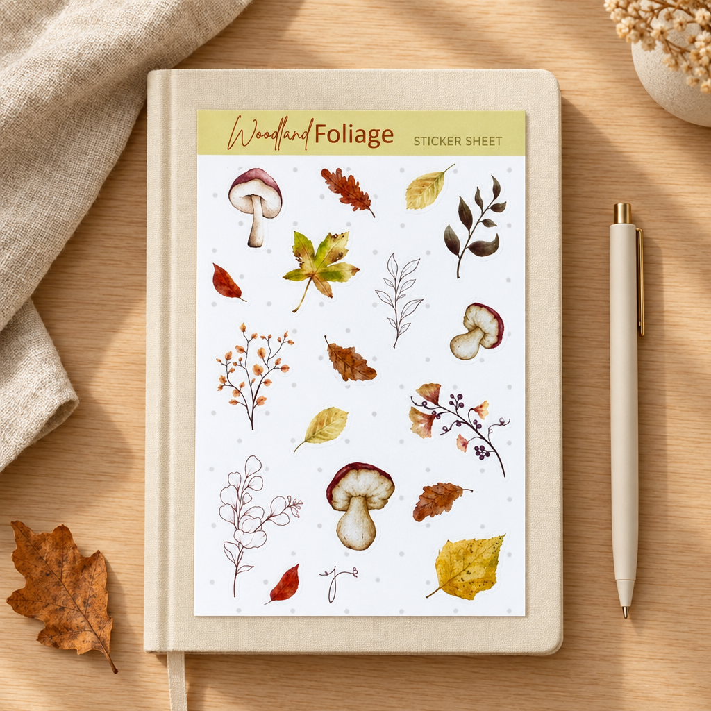 Woodland Foliage Sticker Sheet, Botanical & Mushroom Stickers