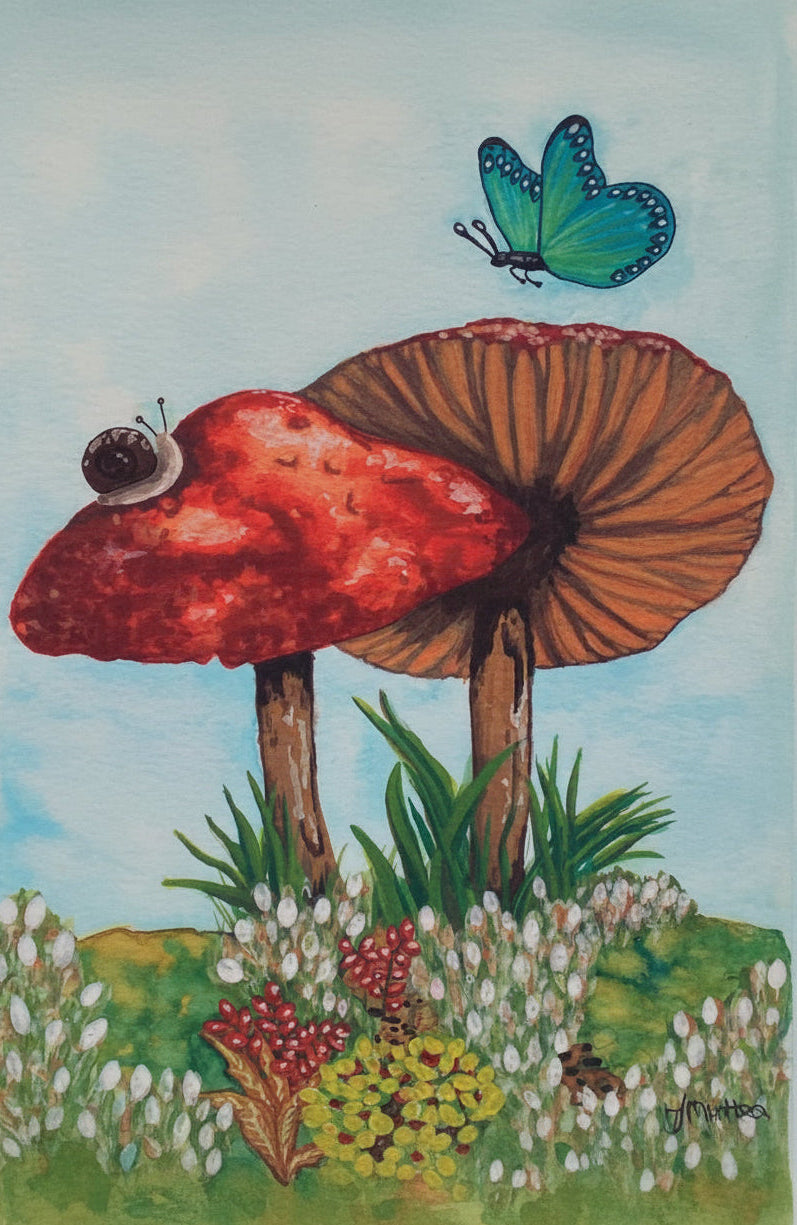 Mushroom art print with two mushrooms, a snail, green butterfly and woodland foliage.
