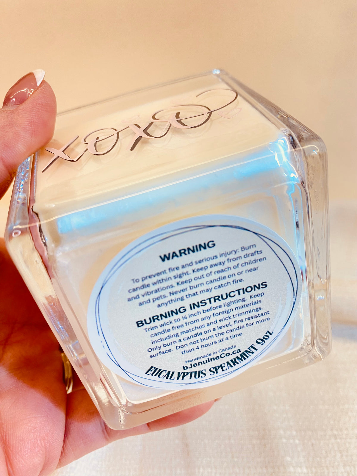 Natural Soy Wax Candle 9oz Customizable with warning and burning instructions on the glass vessel.