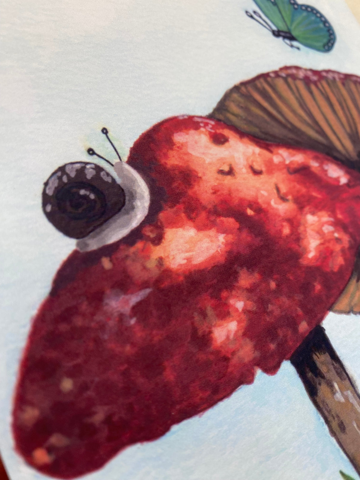 Close-up of a snail on a red mushroom cap, with a green butterfly above.