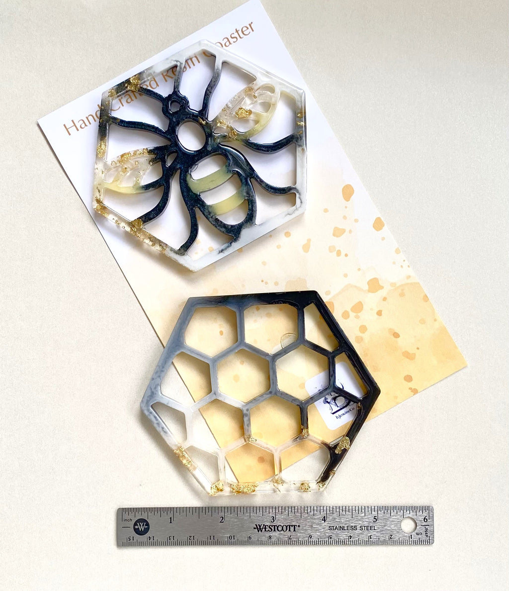 Hand Crafted Bee and Honeycomb Resin Coaster, Set of 2