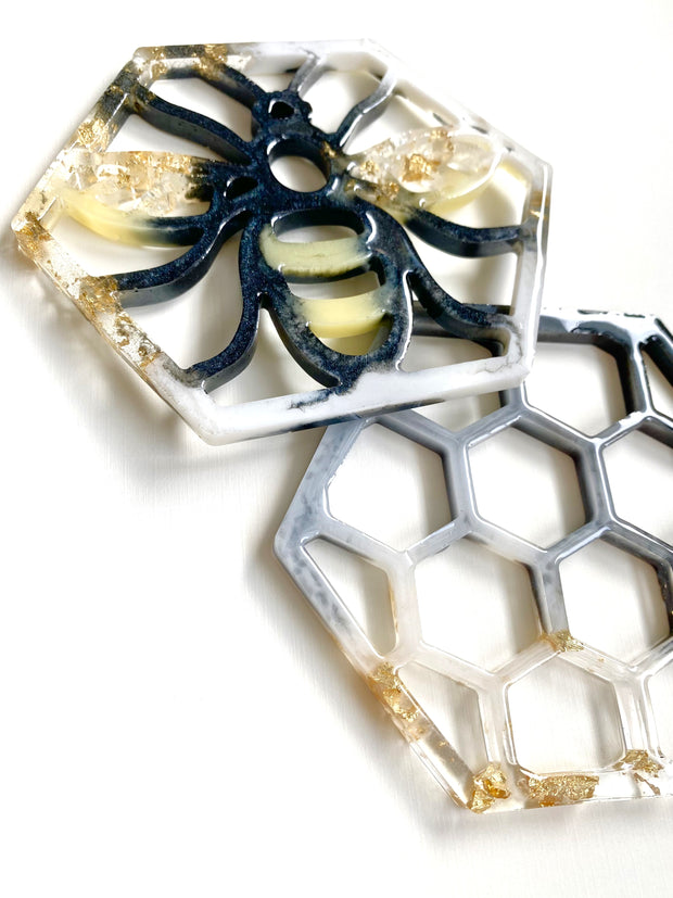 Hand Crafted Bee and Honeycomb Resin Coaster, Set of 2