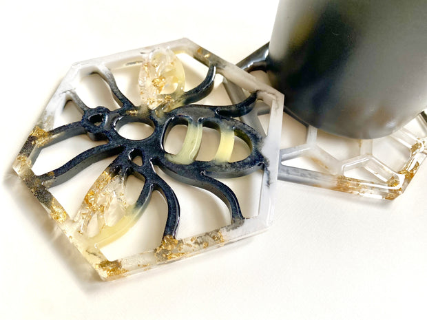 Hand Crafted Bee and Honeycomb Resin Coaster, Set of 2