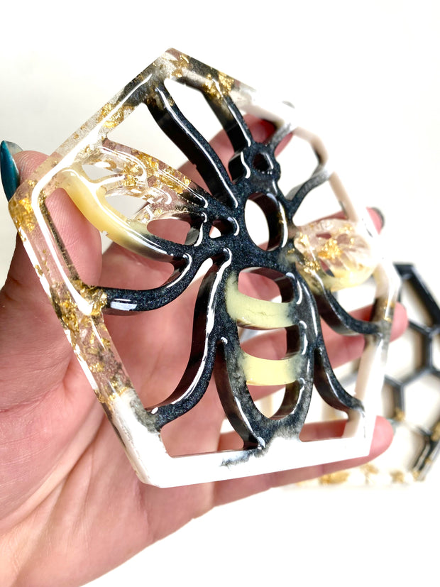 Hand Crafted Bee and Honeycomb Resin Coaster, Set of 2