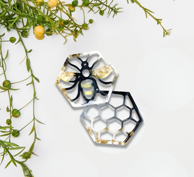 Handcrafted Bee and honeycomb resin coasters, set of two. options available.