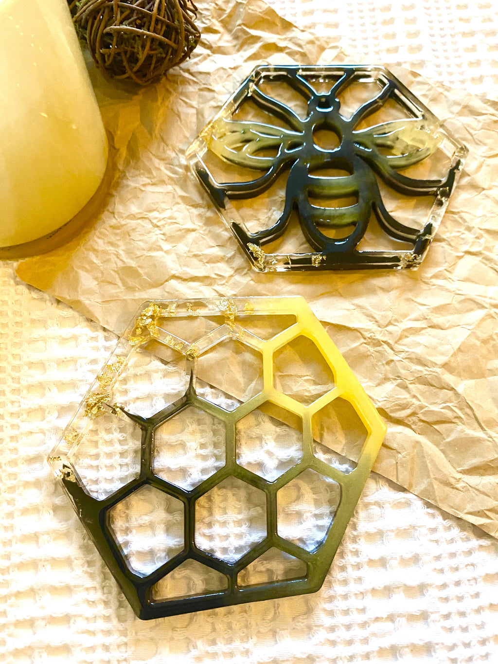 Hand Crafted Bee and Honeycomb Resin Coaster, Set of 2
