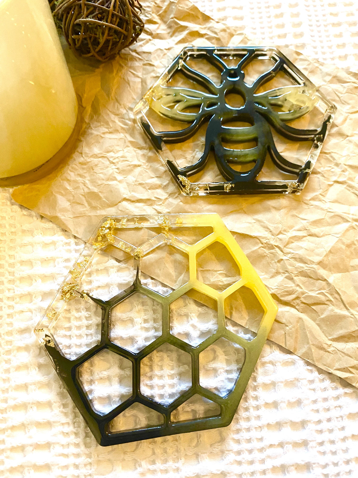 Hand Crafted Bee and Honeycomb Resin Coaster, Set of 2