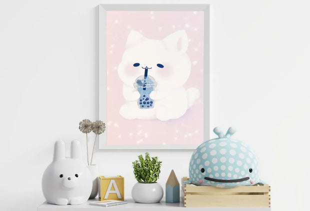 Kawaii Boba Cat Digital Art Print