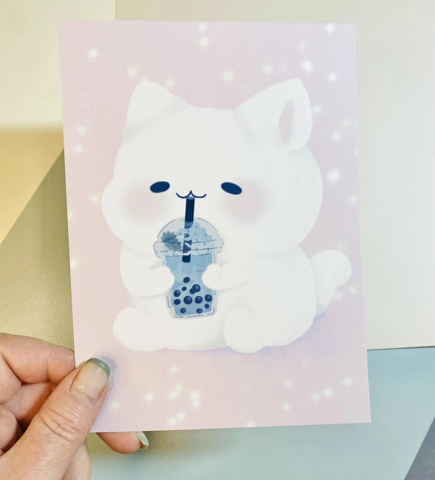 Kawaii Boba Cat Digital Art Print
