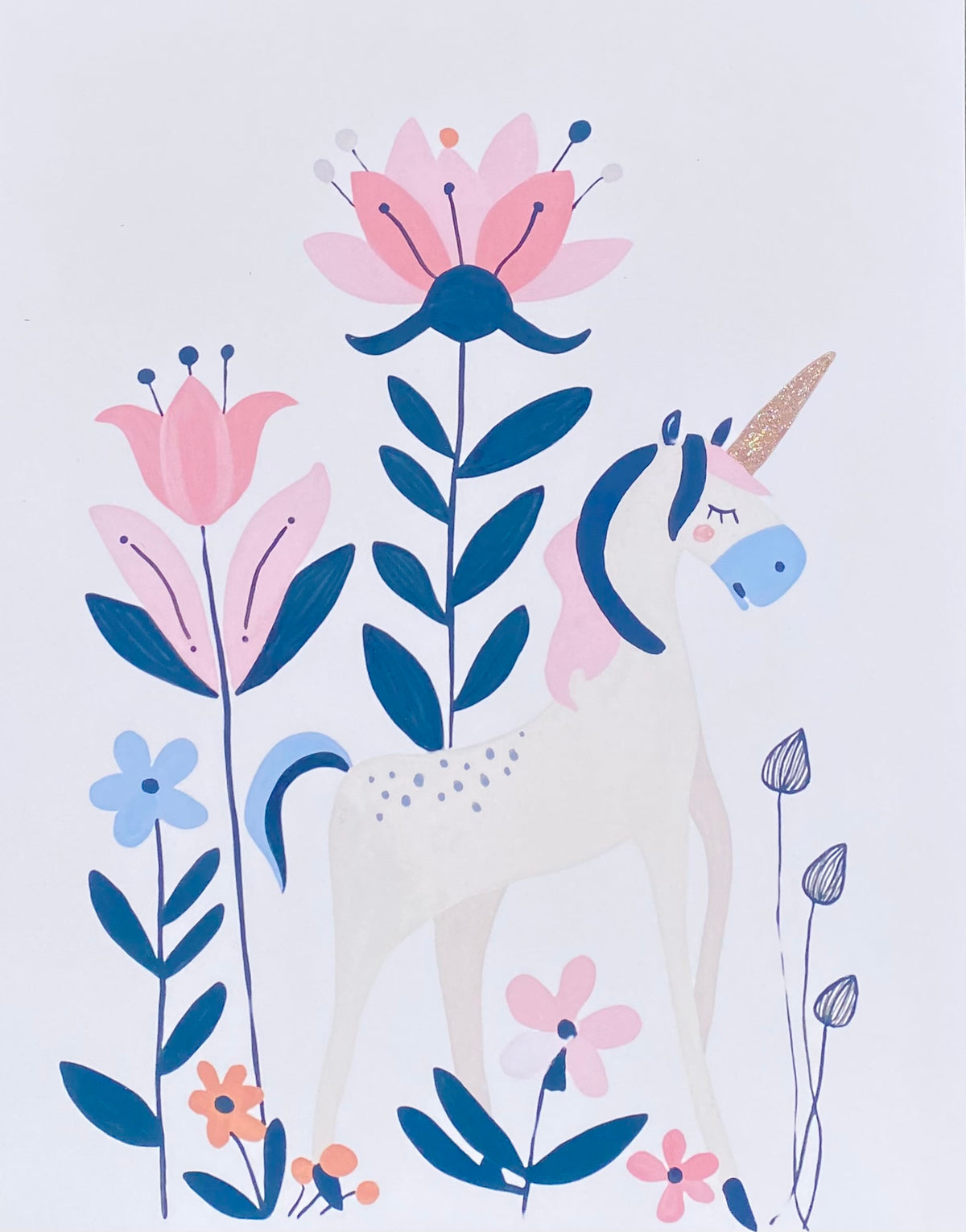 A whimsical nursery-style illustration featuring a white unicorn with a gold sparkly horn, flowers on a warm background.