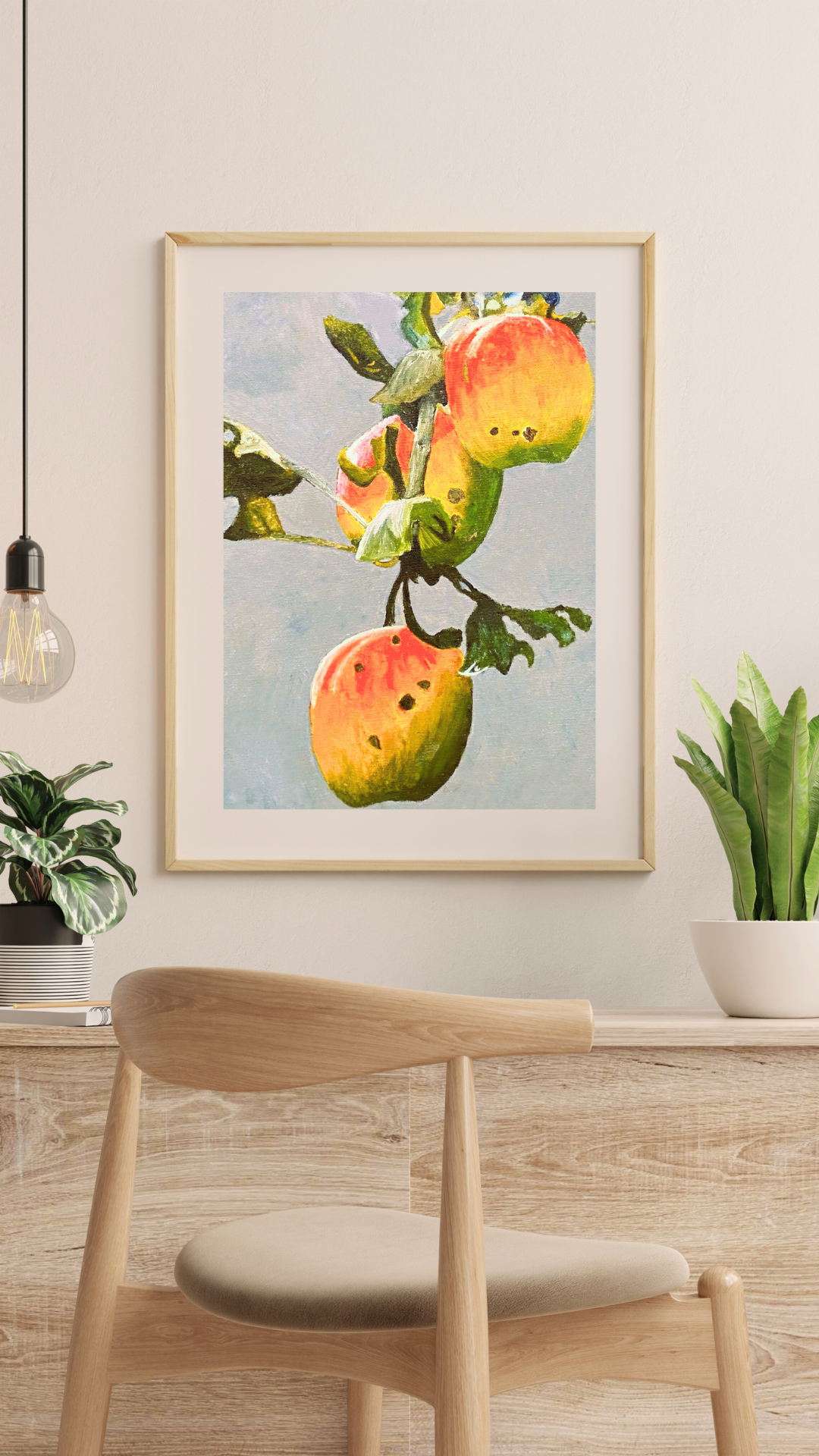Beautiful textured botanical apple art print from original painting, warm greens and reds, kitchen wall art