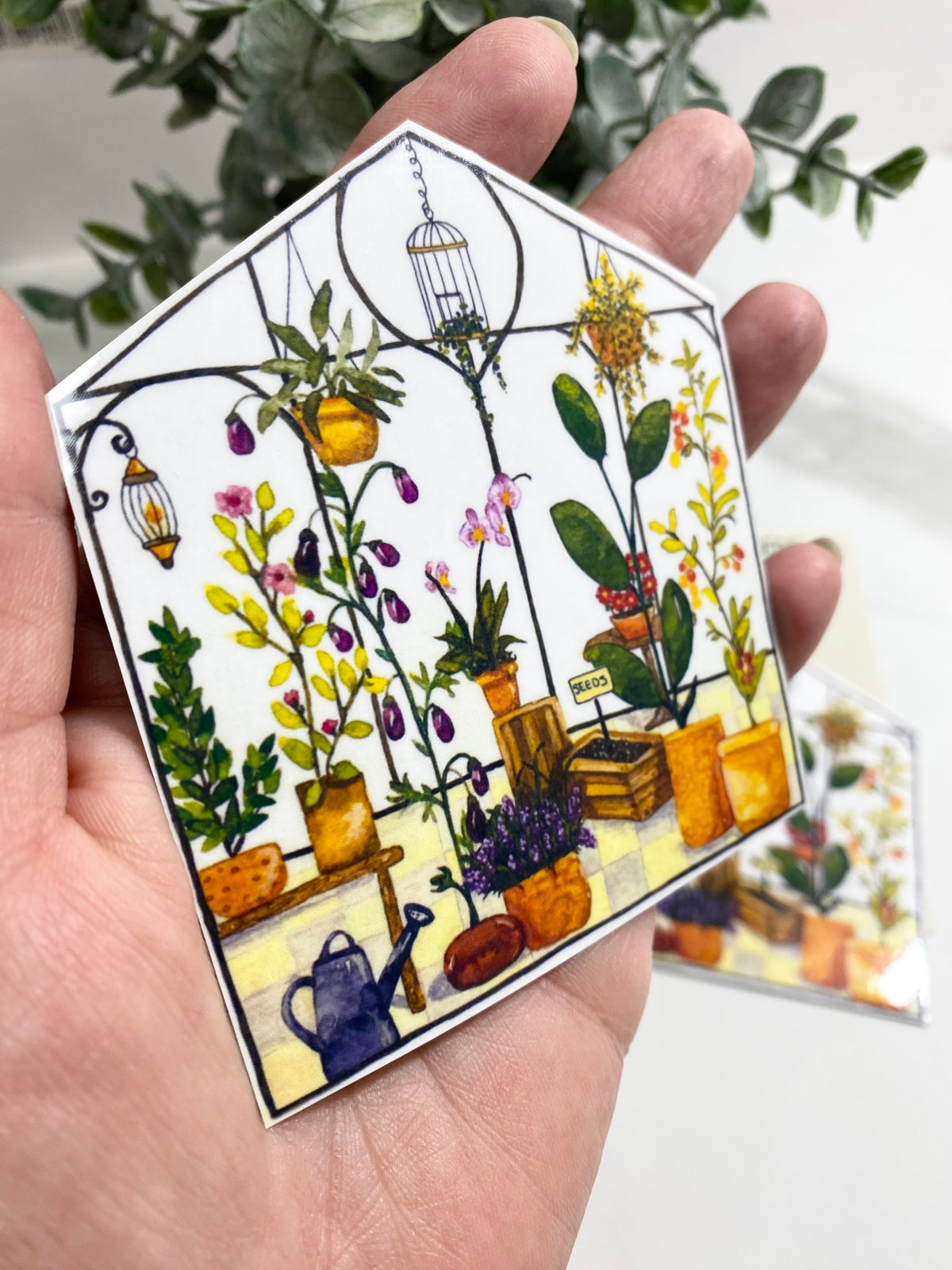 Original watercolour art magnet, botanical greenhouse, cosy home decor