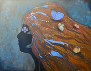 Fluid Art Embellished with Iridescent Butterflies Acrylic Painting on Canvas Wall Art