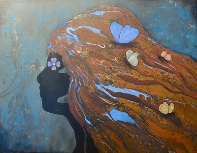 Fluid Art Embellished with Iridescent Butterflies Acrylic Painting on Canvas Wall Art
