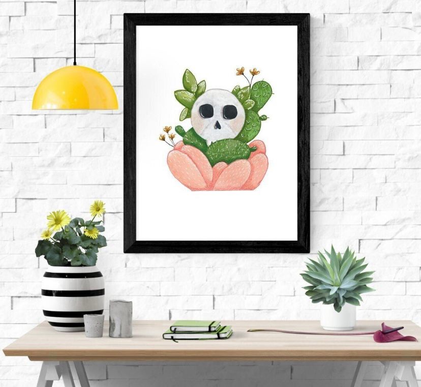 Cactus skull and succulent wall art print, cute and cozy decor