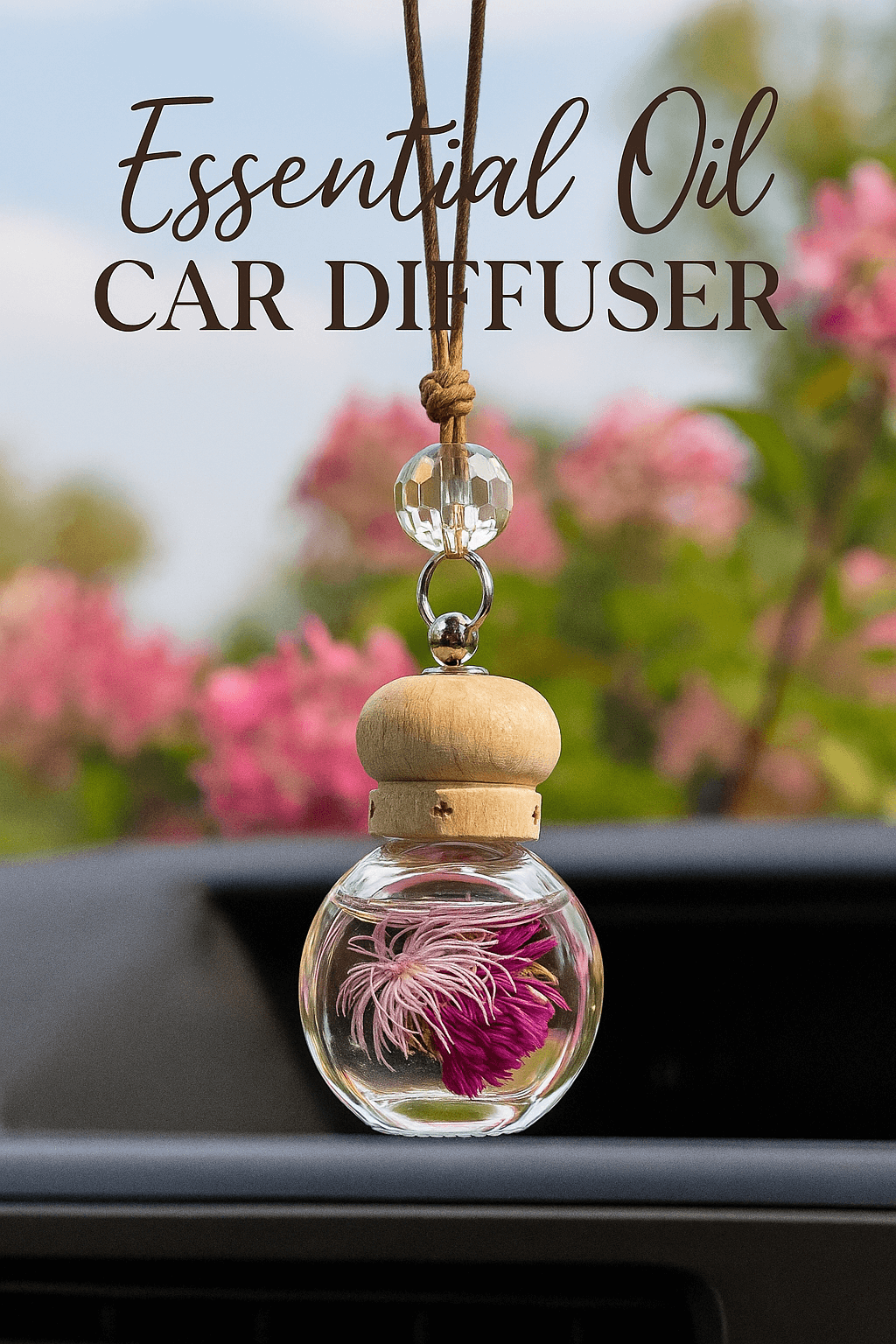 Essential Oil Car Diffuser hanging in car, featuring a glass bottle with wood lid and floral decoration.