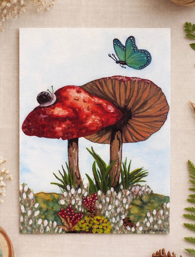 Painting of a red mushroom with a snail and butterfly on a soft blue background