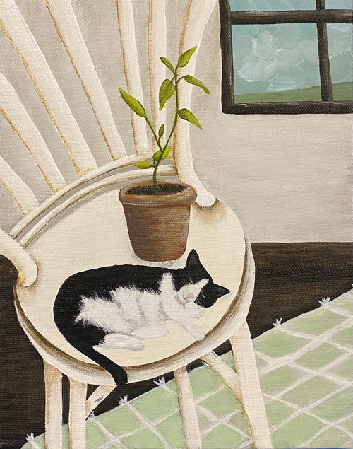 Art for Cat Lovers: Cozy Cat Painting of a black and white cat sleeping on a chair with a plant.