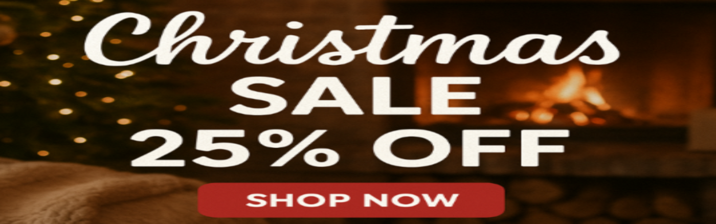 Christmas sale advertisement with '25% off' and 'Shop Now' button in front of a fireplace.