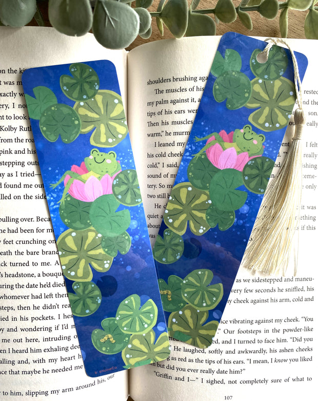 KAWAII FROG Bookmark, Watercolor Waterlily Bookish Gift for Book Lover