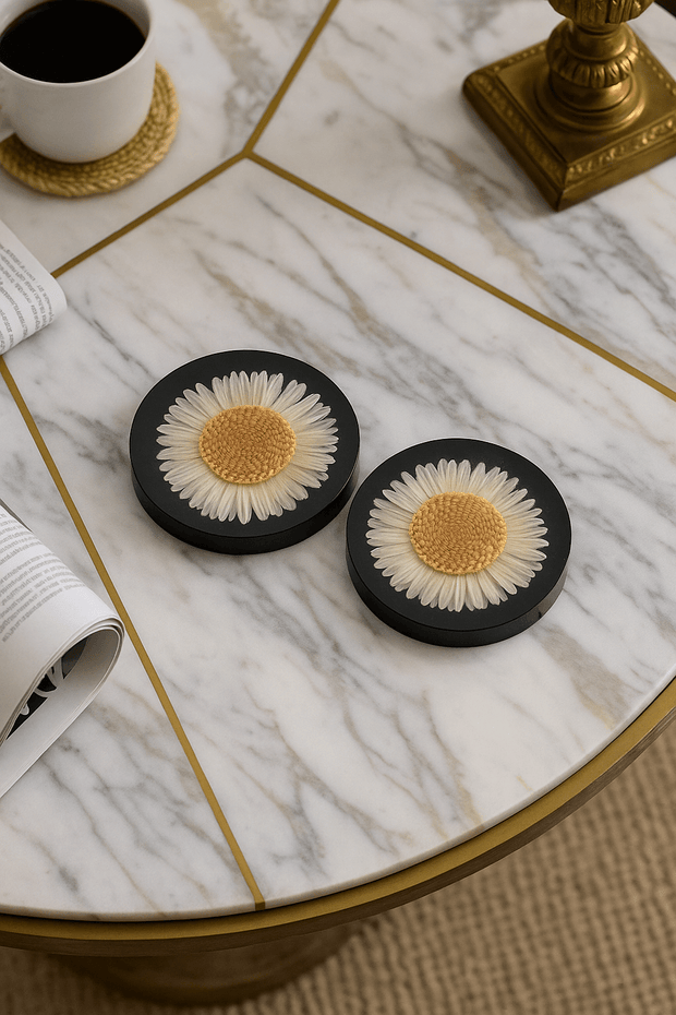 Elegant flower resin coasters on a marble table, perfect for adding a nature-inspired touch to your home decor.