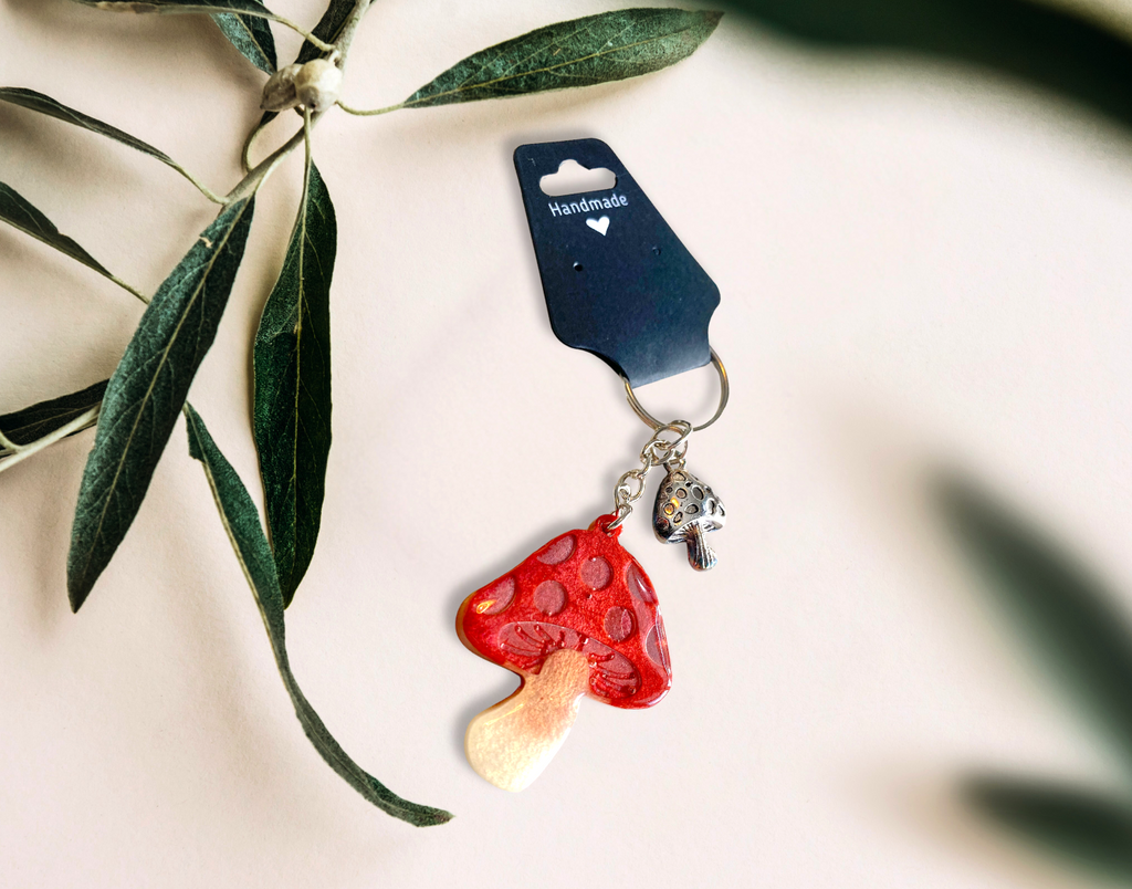 Handmade Resin Mushroom Keychain with Charm