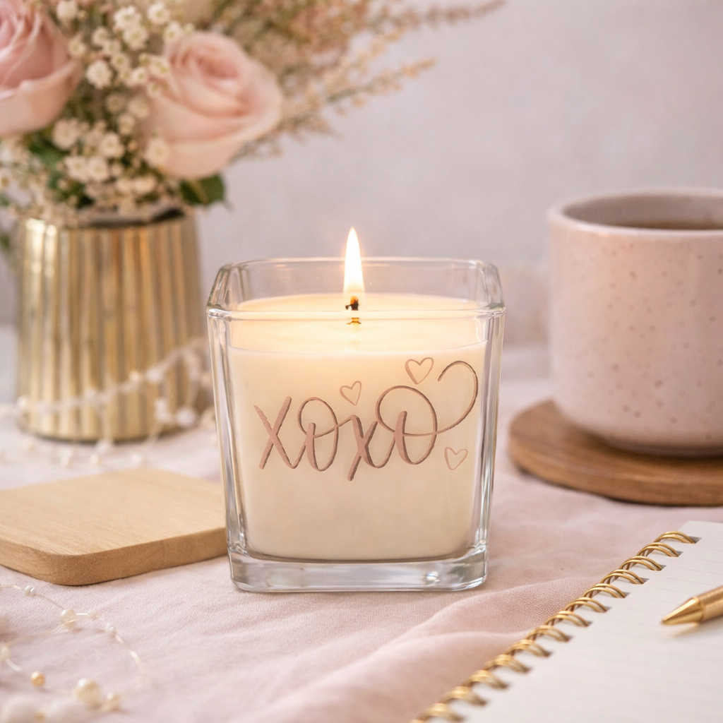Natural Soy Wax Candle 9oz Customizable with XOXO design and heart accents, perfect for self-care and aromatherapy.