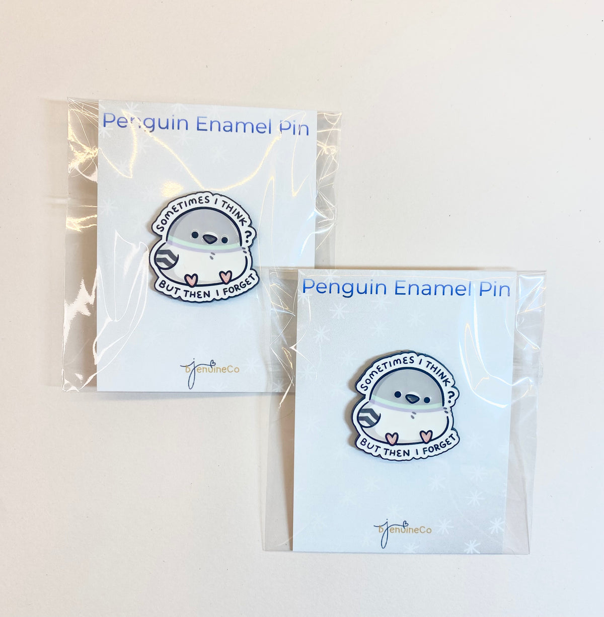 Penguin Enamel Pin says Sometimes I think but then I forget, ebony finish, rubber clutch, Gray and White Penguin, Lapel Pin, Purse/Bag Accessory, Gift Idea for Pin Collector or Animal/ Penguin Lover