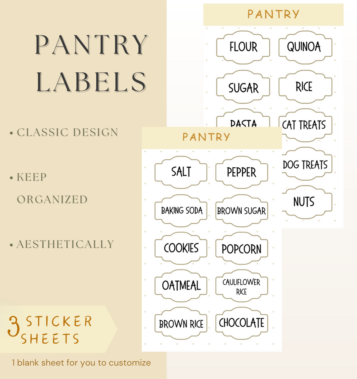 CLASSIC Design Set of 3 Functional Pantry Sticker Label Sheets