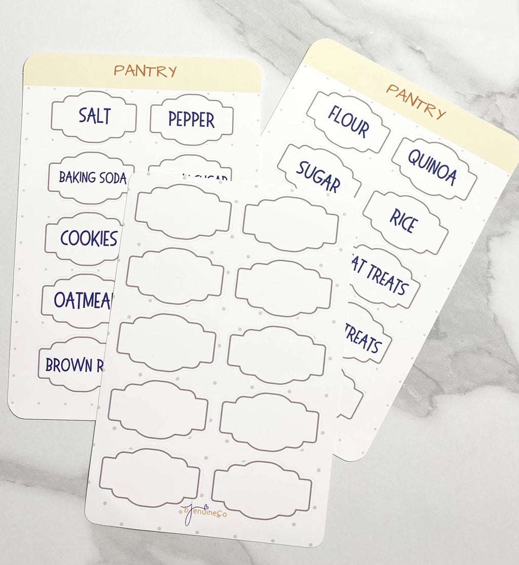Set of three classic design pantry labels, includes blank labels to customize, durable vinyl, can be personalized