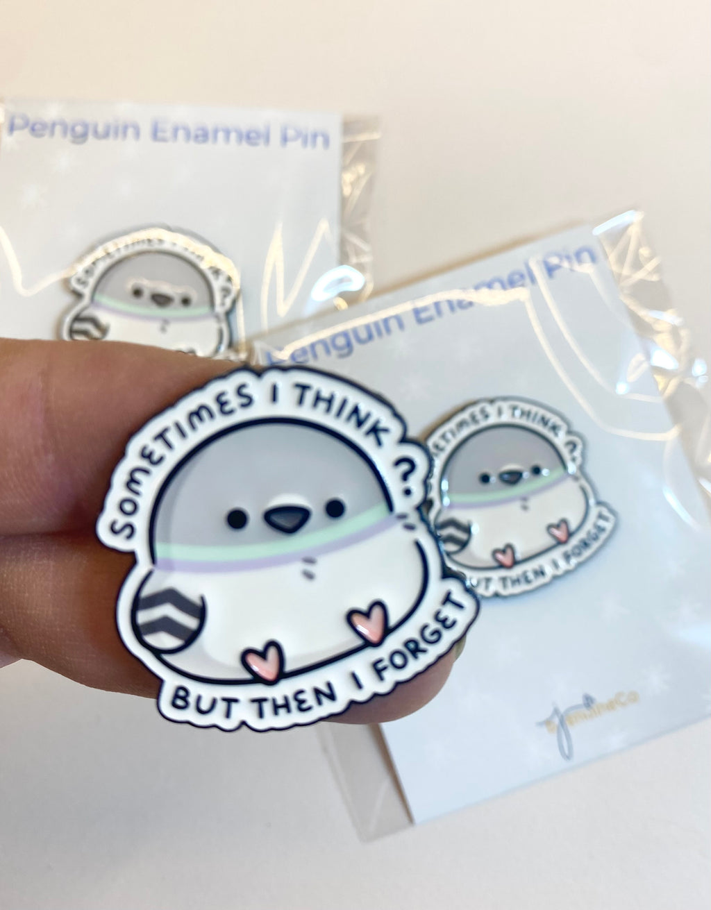 Penguin Enamel Pin says Sometimes I think but then I forget, ebony finish, rubber clutch, Gray and White Penguin, Lapel Pin, Purse/Bag Accessory, Gift Idea for Pin Collector or Animal/ Penguin Lover