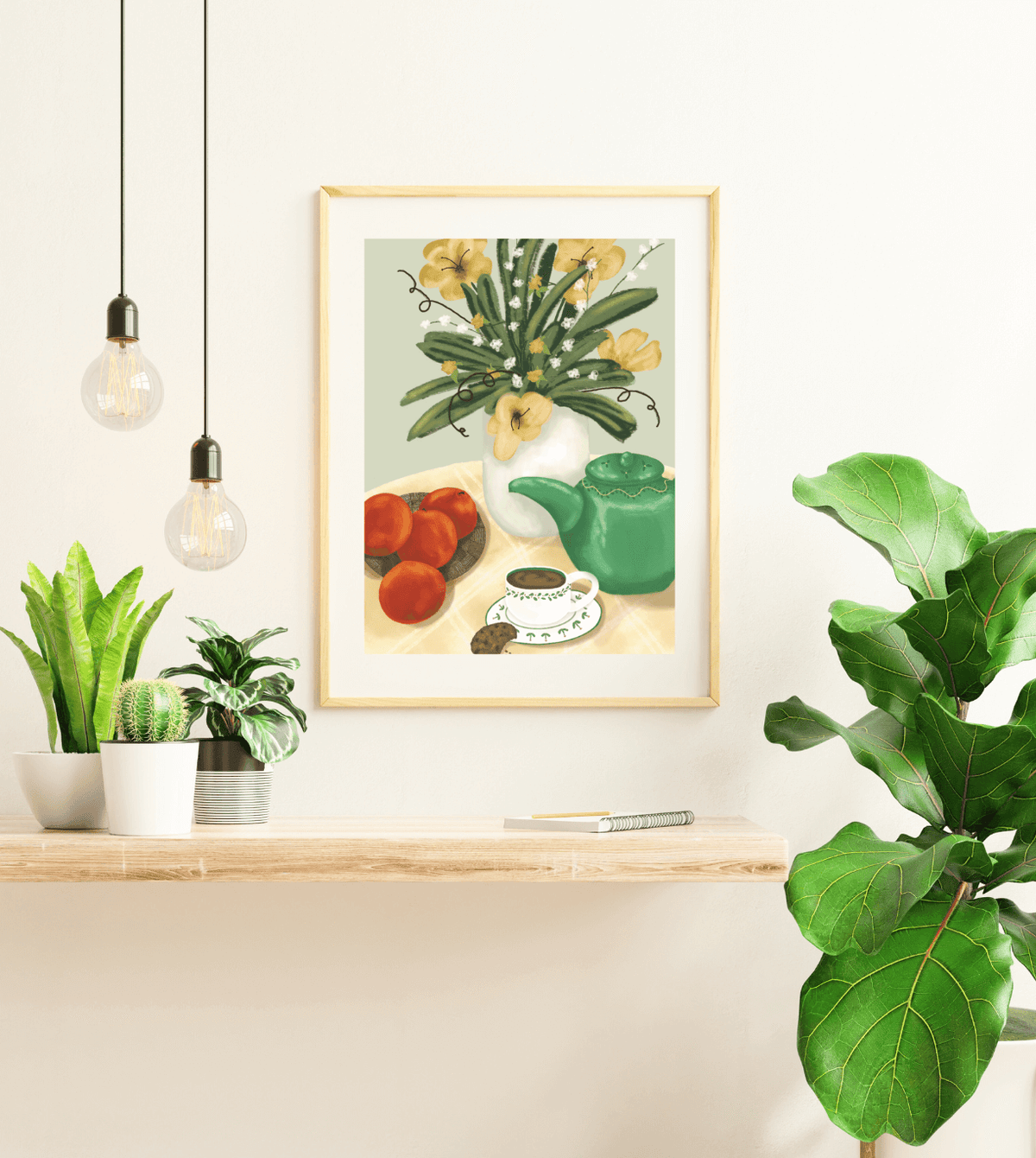 Still Life Print-Flowers Fruit Tea & Cookie displayed in a cozy home setting with plants and decorative elements.