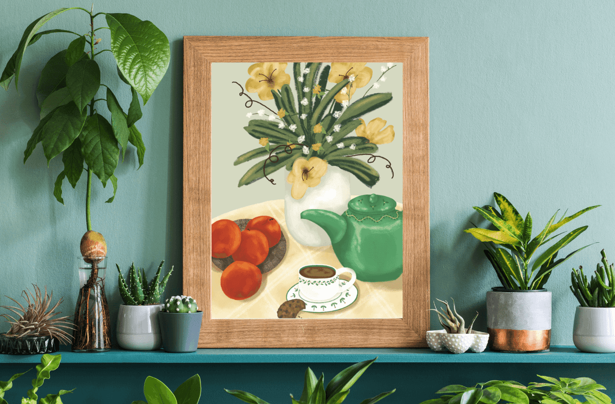 Still Life Print-Flowers Fruit Tea & Cookie decor with flowers, teapot, and fruit in a cozy home setting.