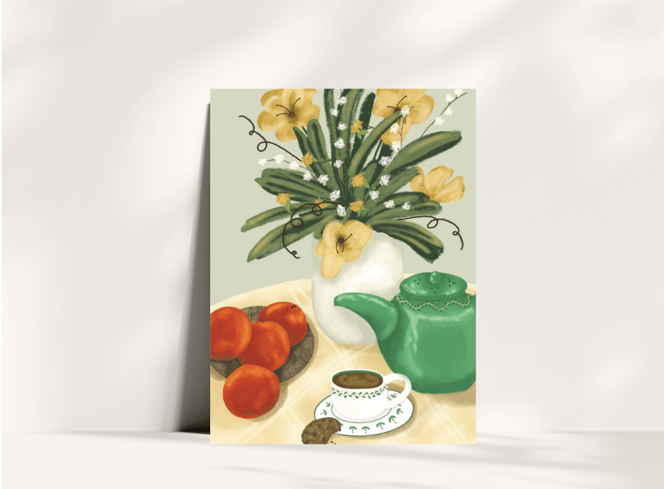 Still Life Print-Flowers Fruit Tea & Cookie featuring a teapot, coffee, cookies, flowers, and fruits in a cozy setting.