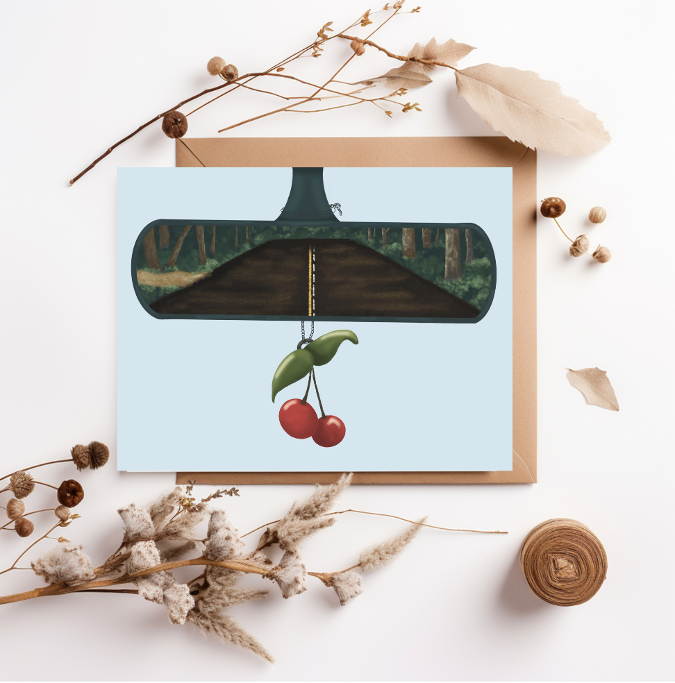 Unique, digital wall art with scenic view in rearview mirror and cherries, modern decor