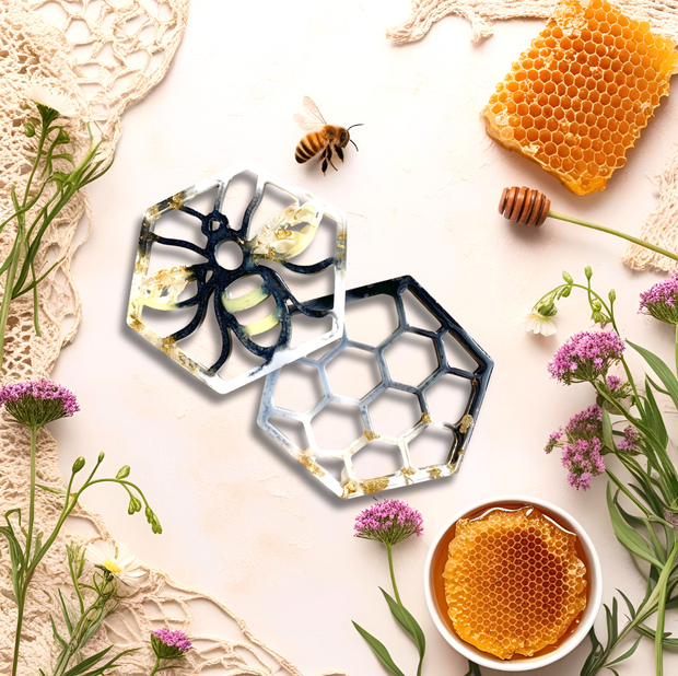 Hand Crafted Bee and Honeycomb Resin Coaster, Set of 2