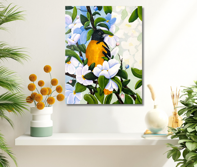 Original acrylic painting on deep edge canvas of a beautiful robin on Blossom branches