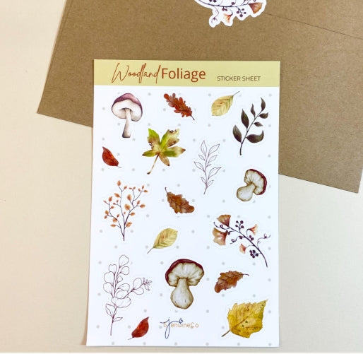 Woodland Foliage Sticker Sheet, Botanical & Mushroom Stickers