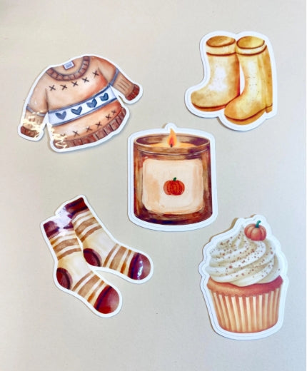 Fall Sticker Pack, 5 Stickers Vinyl Waterproof Die-cut Sticker, Water bottle, Laptop or Journal Decal