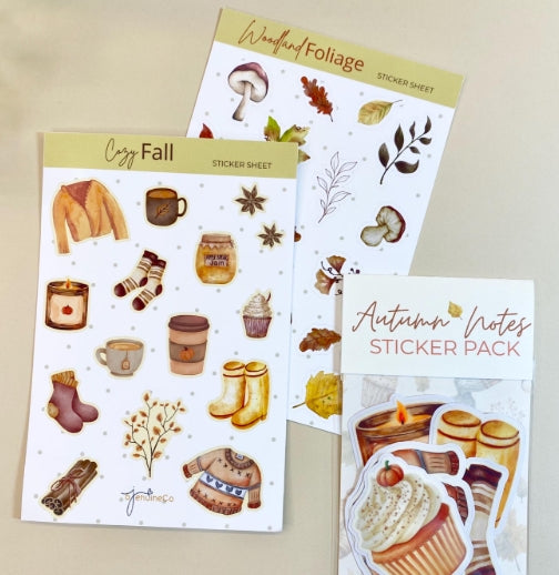 Fall Sticker Pack, 5 Stickers Vinyl Waterproof Die-cut Sticker, Water bottle, Laptop or Journal Decal