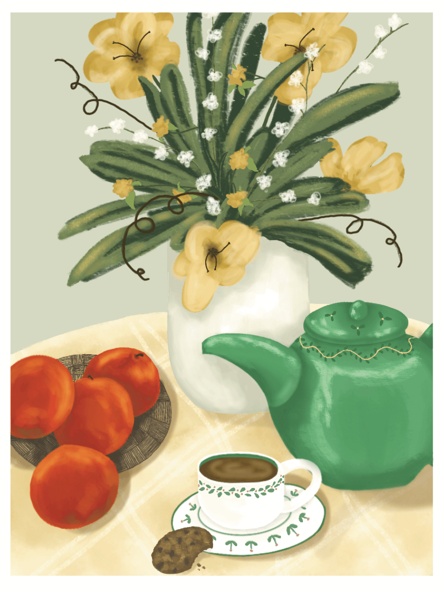 Still Life Print-Flowers, Fruit, Tea & Cookie featuring orange fruits, tea pot, and floral arrangement.