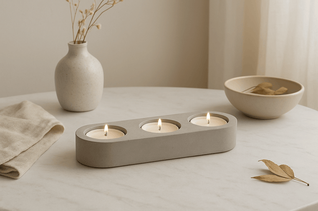 Elegant concrete tealight candle holder with three lit candles, enhancing home decor on a marble table.
