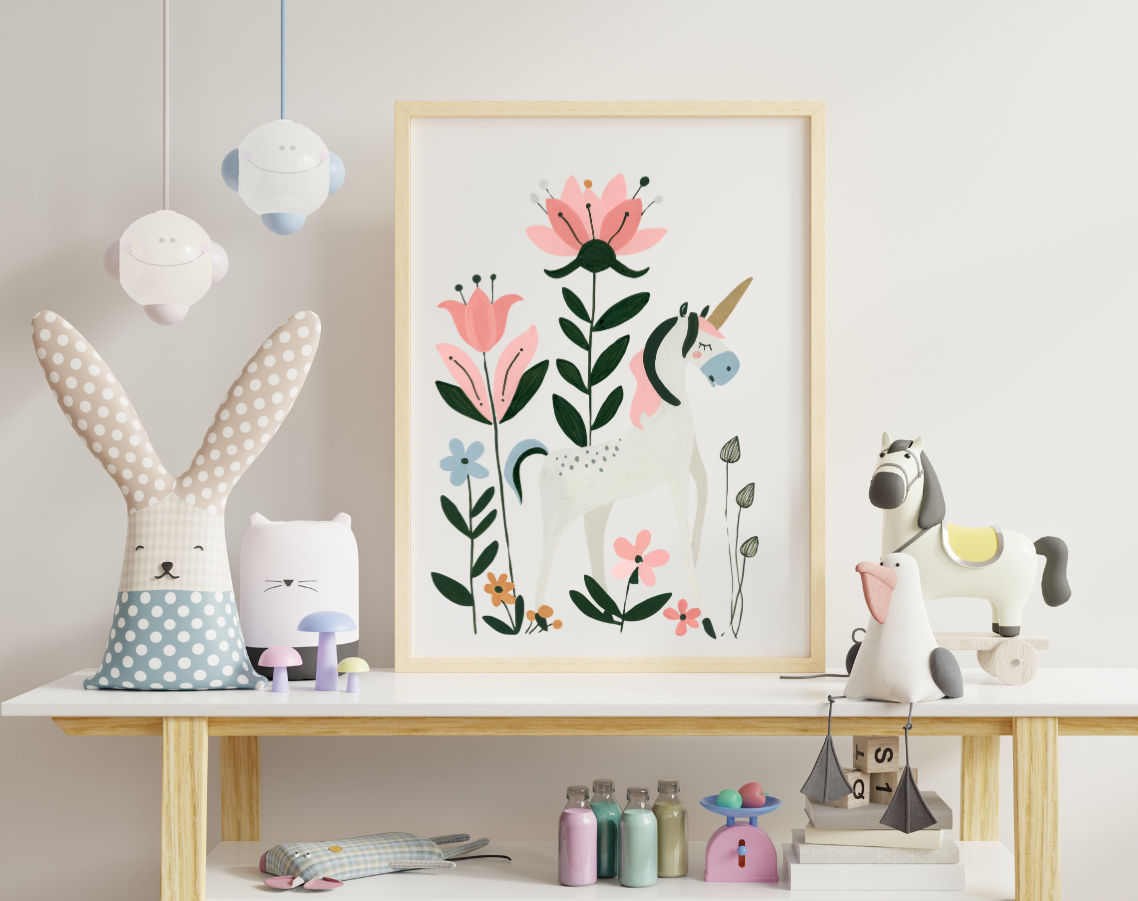 Boho unicorn and flowers art print, wall, art for child’s room, nursery, magical and fantasy decor