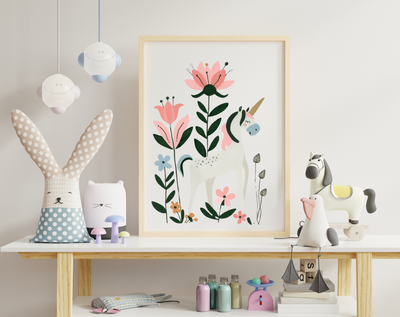 Boho unicorn and flowers art print, wall, art for child’s room, nursery