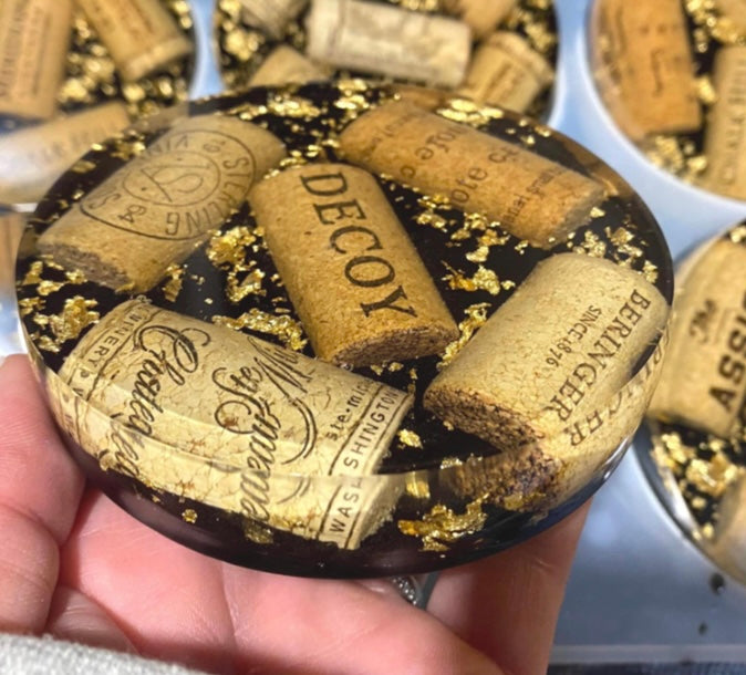 Handmade wine lover gifts Upcycled Wine Cork Resin Coaster featuring corks and gold leaf accents.