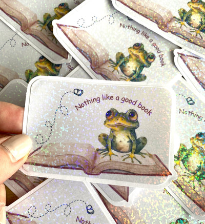Holographic frog bookish diecut sticker, waterproof vinyl