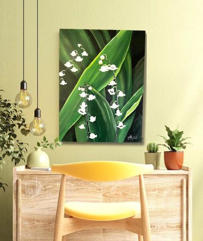 Original Lily of the valley acrylic painting on wood canvas, May birth flower