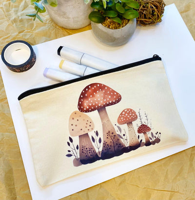 Cozy mushroom canvas zipper pouch with option to add personalization